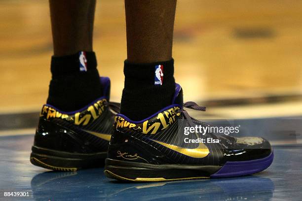 Detailed picture of the Nike shoes of Kobe Bryant of the Los Angeles Lakers in the third quarter of Game Four of the 2009 NBA Finals against the...