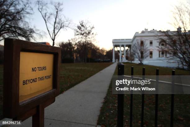 Sign states 'no tours beyond this point' near The White House on December 2, 2017 in Washington, DC. Later today U.S. President Donald Trump will...