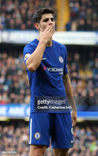 Alvaro Morata of Chelsea celebrates after scoring his sides second goal during the Premier League match between Chelsea and Newcastle United at...