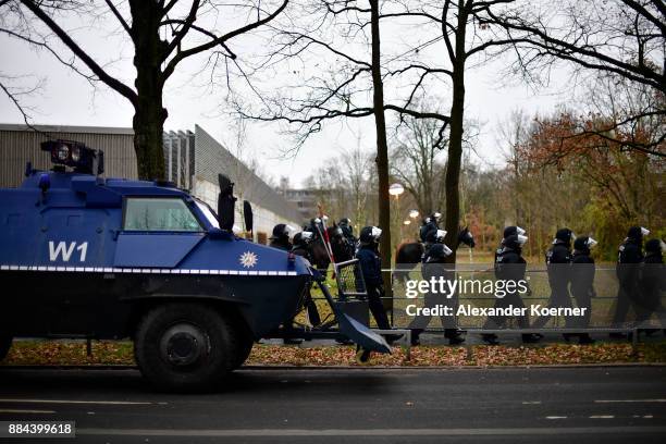 Police forces gather against left-wing protesters during todays AfD federal congress at the Hannover Congress Centrum on December 2, 2017 in Hanover,...