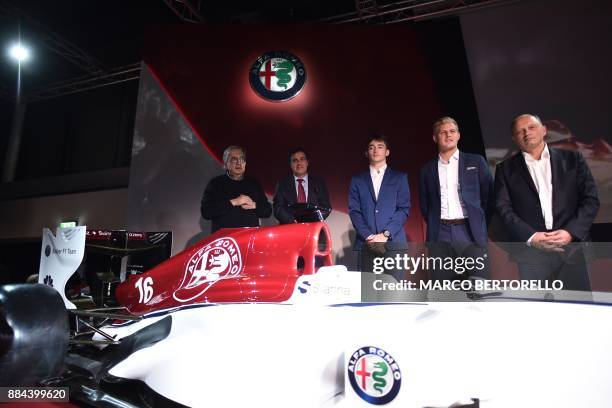 Sauber CEO Pascal Picci , Fiat Chrysler Automobiles CEO Sergio Marchionne , Monegasque racing driver Charles Leclerc and Swedish Sauber F1's driver...