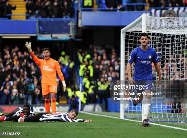 Chelsea's Alvaro Morata celebrates scoring his side's second goal during the Premier League match between Chelsea and Newcastle United at Stamford...