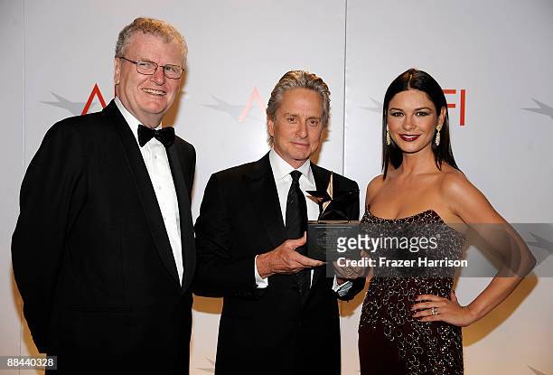 Chairman, President and CEO of the Sony Corporation, Sir Howard Stringer, actor Michael Douglas and actress Catherine Zeta-Jones during the AFI...