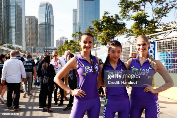 In this handout from FIA Formula E - Fanboost grid girls during the Hong Kong ePrix, Round 1 of the 2017/18 FIA Formula E Series at the Central...