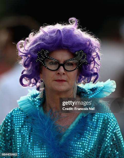 Spectator in fancy dress is seen during Day Three of the Emirates Dubai Rugby Sevens - HSBC Sevens World Series at The Sevens Stadium on December 2,...