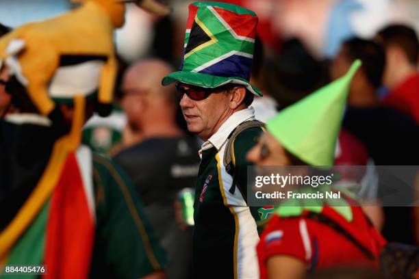 Spectator in fancy dress is seen during Day Three of the Emirates Dubai Rugby Sevens - HSBC Sevens World Series at The Sevens Stadium on December 2,...