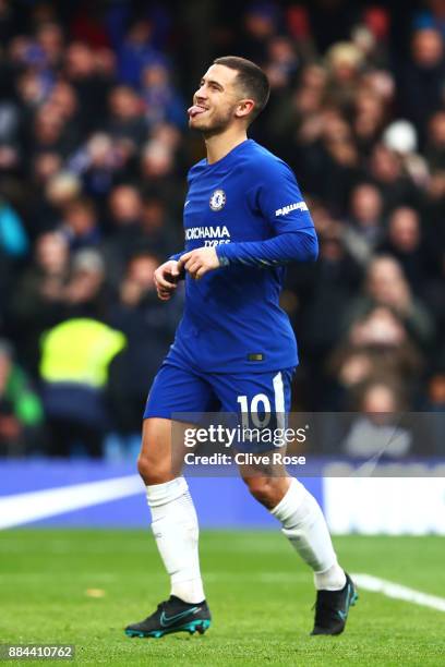 Eden Hazard of Chelsea celebrates after scoring his sides third goal during the Premier League match between Chelsea and Newcastle United at Stamford...