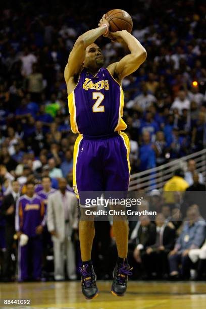Derek Fisher of the Los Angeles Lakers shoots during the game against the Orlando Magic in Game Four of the 2009 NBA Finals on June 11, 2009 at Amway...