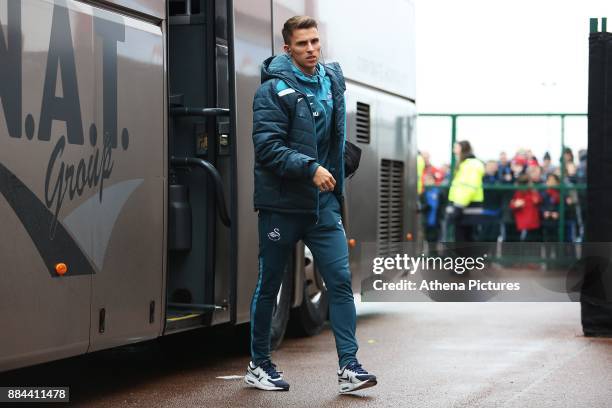 Tom Carroll of Swansea City arrives at bet365 Stadium prior to kick off of the Premier League match between Stoke City and Swansea City at the bet365...