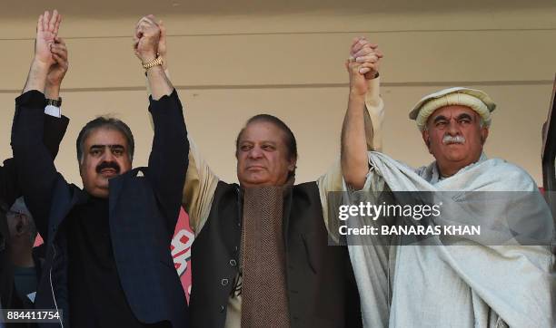 Former prime minister of Pakistan Nawaz Sharif joins hands in solidarity with Balochistan Chief Minister Sanaullah Zehri and Pakhtunkhwa Milli Awami...