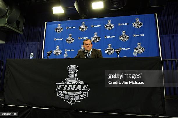 Head coach Dan Bylsma of the Pittsburgh Penguins speaks to the media during a press conference after Game Six of the NHL Stanley Cup Finals at the...