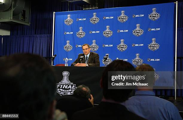 Head coach Dan Bylsma of the Pittsburgh Penguins speaks to the media during a press conference after Game Six of the NHL Stanley Cup Finals at the...