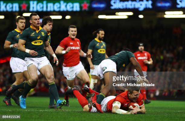 Hadleigh Parkes of Wales touches down for the second try during the international match match between Wales and South Africa at Principality Stadium...