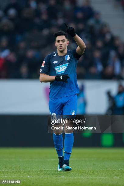 Nadiem Amiri of Hoffenheim celebrates his team's first goal during the Bundesliga match between TSG 1899 Hoffenheim and RB Leipzig at Wirsol...