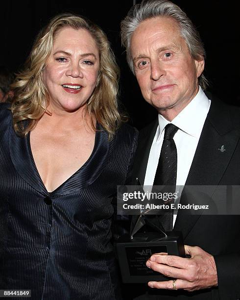 Actress Kathleen Turner and actor Michael Douglas, recipient of the Life Achievement In Motion Pictures and Television award and actress pose...