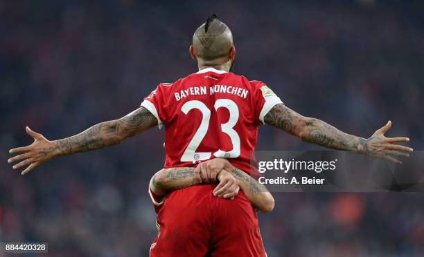 Arturo Vidal of FC Bayern Muenchen celebrates his first goal during the Bundesliga match between FC Bayern Muenchen and Hannover 96 at Allianz Arena...