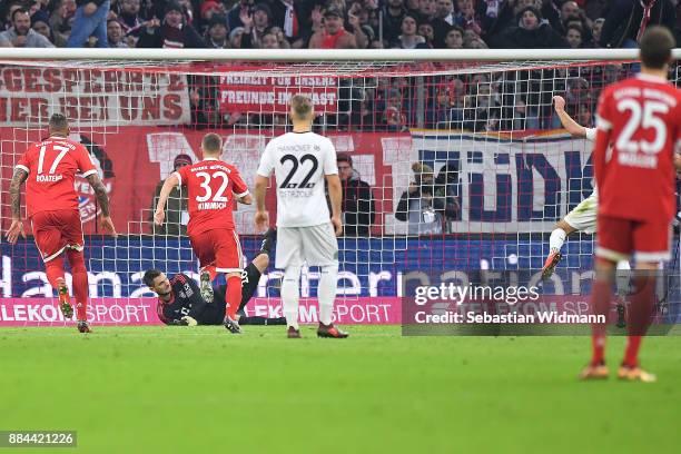 Goalkeeper Sven Ulreich of Bayern Muenchen safes a penalty during the Bundesliga match between FC Bayern Muenchen and Hannover 96 at Allianz Arena on...