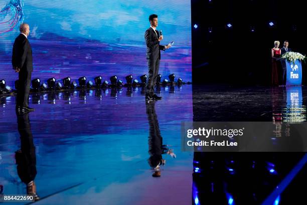 President Julio Cesar Maglione and Chinese swimmer Sun Yang attend the 2017 FINA/Alisports World Aquatics Gala 'Soiree des Etoiles' on December 2,...