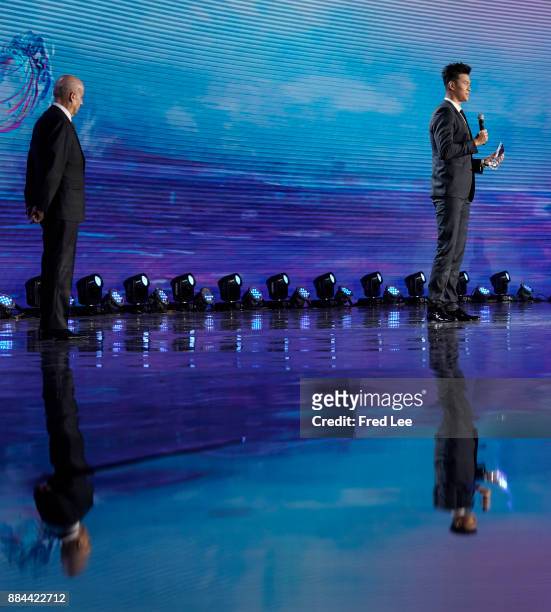 President Julio Cesar Maglione and Chinese swimmer Sun Yang attend the 2017 FINA/Alisports World Aquatics Gala 'Soiree des Etoiles' on December 2,...