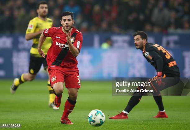 Kevin Volland of Bayer Leverkusen passes Roman Buerki of Dortmund to score a goal to make it 1:0 during the Bundesliga match between Bayer 04...