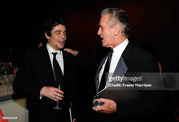 Actor Benicio Del Toro and NBA Coach Pat Riley attend the AFI Life Achievement Award: A Tribute to Michael Douglas after party at Sony Pictures...