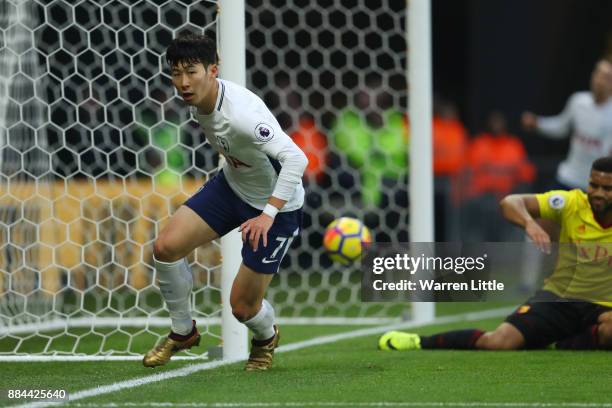 Heung-Min Son of Tottenham Hotspur celebrates after scoring his sides first goal during the Premier League match between Watford and Tottenham...