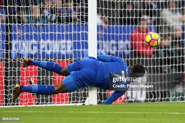 Demarai Gray of Leicester City heads the ball home to make it 1-0 the Premier League match between Leicester City and Burnley at King Power Stadium...