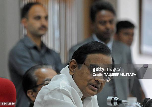 Indian Home Minister P. Chidambram speaks during a joint press conference with Jammu and Kashmir Chief Minister Omar Abdullah in Srinagar on June 12,...