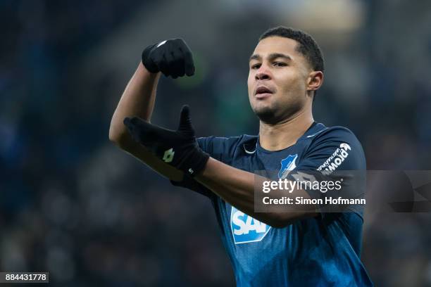 Serge Gnabry of Hoffenheim celebrates his team's second goal during the Bundesliga match between TSG 1899 Hoffenheim and RB Leipzig at Wirsol...