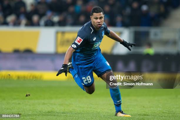 Serge Gnabry of Hoffenheim celebrates his team's second goal during the Bundesliga match between TSG 1899 Hoffenheim and RB Leipzig at Wirsol...