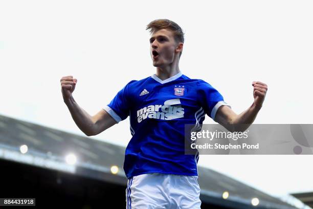 Callum Connolly of Ipswich Town celebrates his opening goal during the Sky Bet Championship match between Ipswich Town and Nottingham Forest at...