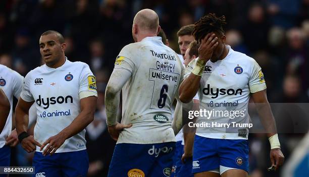 Anthony Watson of Bath Rugby reacts during the Aviva Premiership match between Exeter Chiefs and Bath Rugby at Sandy Park on December 2, 2017 in...