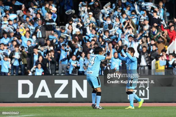 Hiroyuki Abe of Kawasaki Frontale celebrates scoring the opening goal with his team mate Kengo Nakamura during the J.League J1 match between Kawasaki...