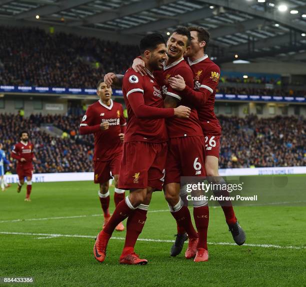Emre Can of Liverpool Celebrates the opener for Liverpool during the Premier League match between Brighton and Hove Albion and Liverpool at Amex...