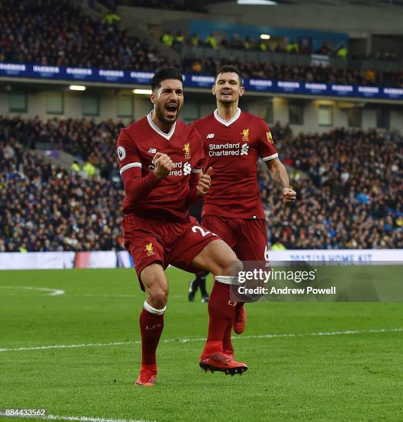 Emre Can of Liverpool Celebrates the opener for Liverpool during the Premier League match between Brighton and Hove Albion and Liverpool at Amex...