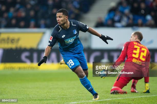 Serge Gnabry of Hoffenheim celebrates his team's second goal during the Bundesliga match between TSG 1899 Hoffenheim and RB Leipzig at Wirsol...