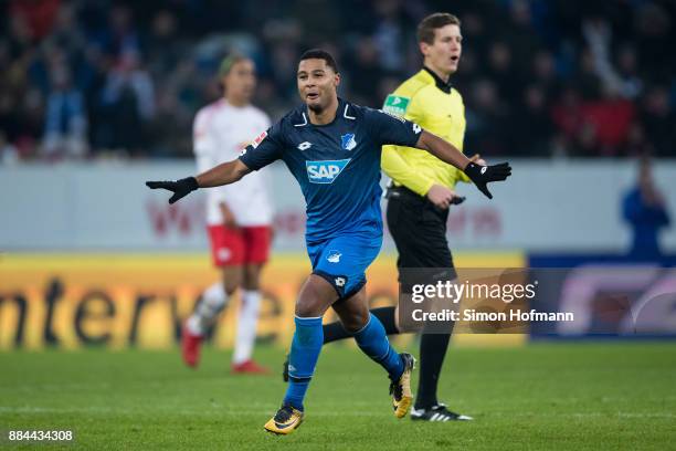 Of Hoffenheim celebrates his team's third goal during the Bundesliga match between TSG 1899 Hoffenheim and RB Leipzig at Wirsol Rhein-Neckar-Arena on...