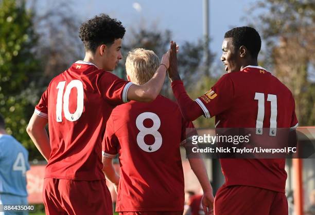 Rafael Camacho of Liverpool celebrates his goal with team mate Curtis Jones during the Liverpool v Sunderland U18 Premier League Cup game at The...