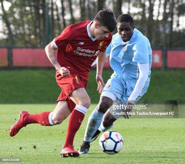 Adam Lewis of Liverpool and Williams Kokolo of Sunderland in action during the Liverpool v Sunderland U18 Premier League Cup game at The Kirkby...