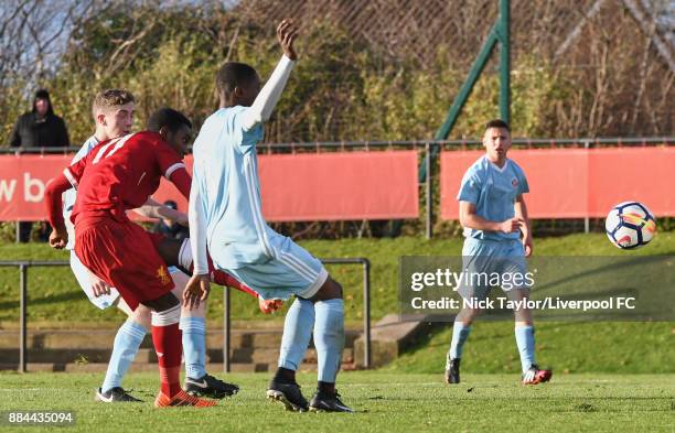 Rafael Camacho of Liverpool scores during the Liverpool v Sunderland U18 Premier League Cup game at The Kirkby Academy on December 2, 2017 in Kirkby,...