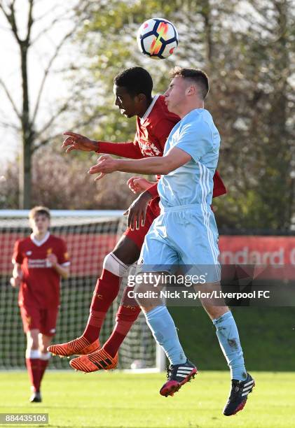 Rafael Camacho of Liverpool and Tom Howard of Sunderland in action during the Liverpool v Sunderland U18 Premier League Cup game at The Kirkby...