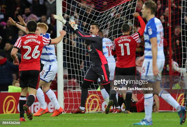 Vito Mannone of Reading appeals for hand ball leading to McManaman being sent off during the Sky Bet Championship match between Sunderland and...