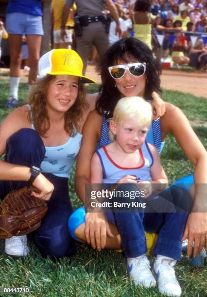 Chastity Bono & Elijah Blue Allman & mom Cher in Las Vegas, Nevada on May 31, 1981 at the Riviera 9th annual celebrity softball game.