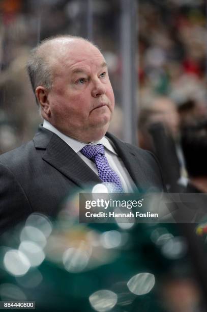 Head coach Bruce Boudreau of the Minnesota Wild looks on during the game against the Vegas Golden Knights on November 30, 2017 at Xcel Energy Center...