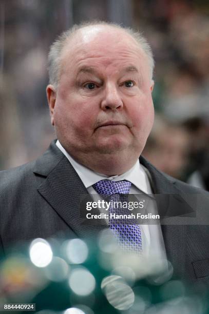 Head coach Bruce Boudreau of the Minnesota Wild looks on during the game against the Vegas Golden Knights on November 30, 2017 at Xcel Energy Center...