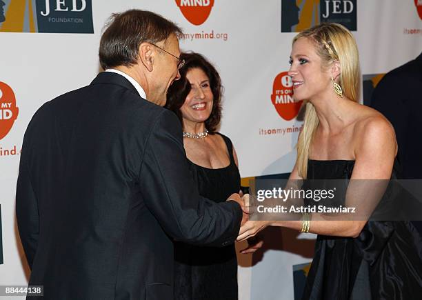 Founders of The Jed Foundation Phil Satow and Donna Satow pose with actress Brittany Snow attend the 8th annual Jed Foundation Gala at Guastavino's...