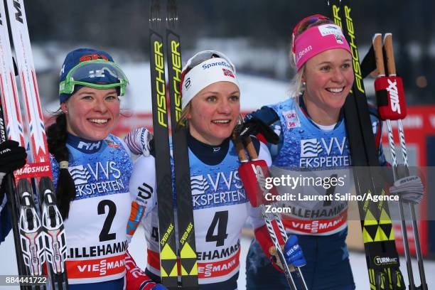 Maiken Caspersen Falla of Norway takes joint 1st place, Krista Parmakoski of Finland takes 2nd place, Sadie Bjornsen of USA takes 3rd place during...