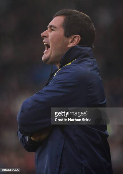 Nigel Clough manager of Burton Albion shouting during the Sky Bet Championship match between Derby County and Burton Albion at iPro Stadium on...