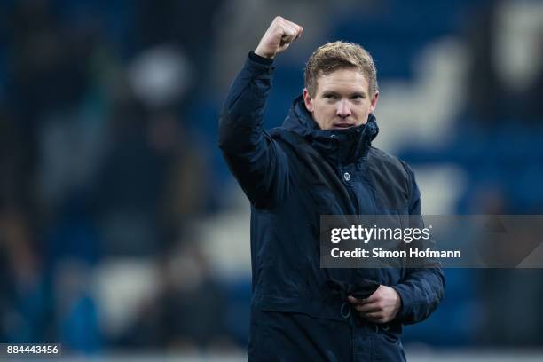 Head coach Julian Nagelsmann of Hoffenheim celebreates winning during the Bundesliga match between TSG 1899 Hoffenheim and RB Leipzig at Wirsol...