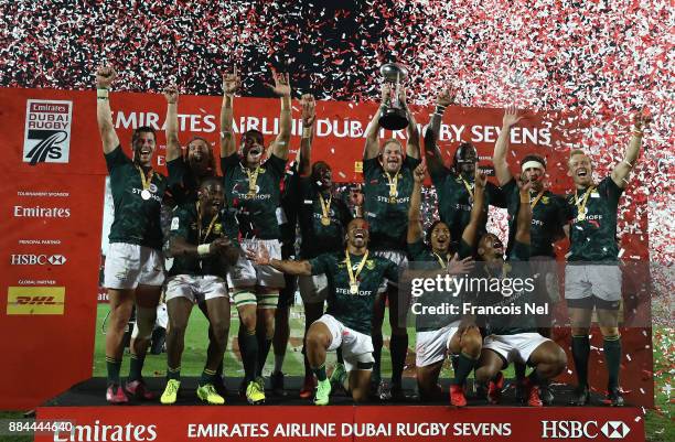 South Africa celebrates after winning the Emirates Dubai Rugby Sevens - HSBC Sevens World Series at The Sevens Stadium on December 2, 2017 in Dubai,...